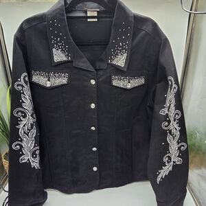 Black Rhinestone-Embellished Women's Jean Jacket By Isaacs Designs 2X Ladies EUC